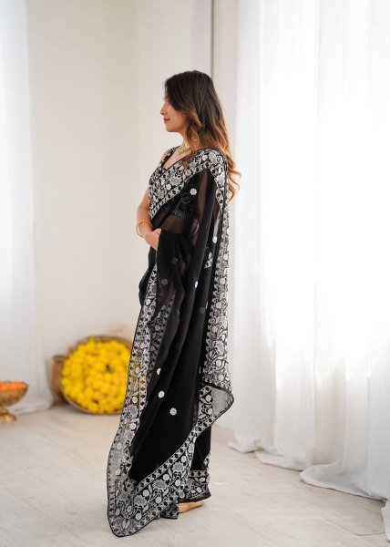 Authentic Black Designer Faux Georgette Saree with Embroidered Blouse at Manufacturer Rate Georgette Sarees Wholesale