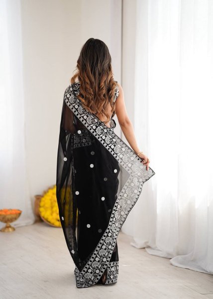 Authentic Black Designer Faux Georgette Saree with Embroidered Blouse at Manufacturer Rate Georgette Sarees Wholesale