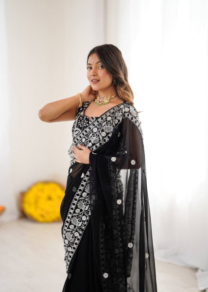 Authentic Black Designer Faux Georgette Saree with Embroidered Blouse at Manufacturer Rate Georgette Sarees Wholesale