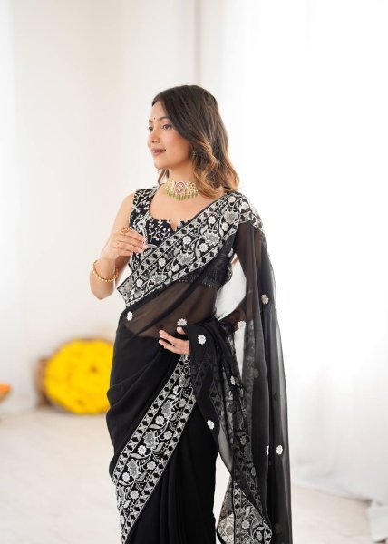 Authentic Black Designer Faux Georgette Saree with Embroidered Blouse at Manufacturer Rate Georgette Sarees Wholesale