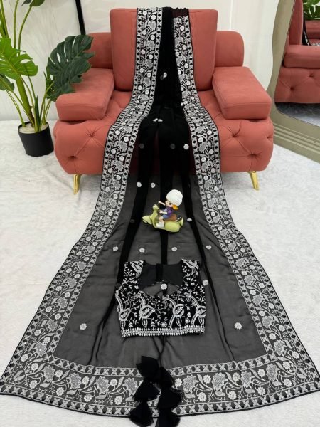 Authentic Black Designer Faux Georgette Saree with Embroidered Blouse at Manufacturer Rate Georgette Sarees Wholesale