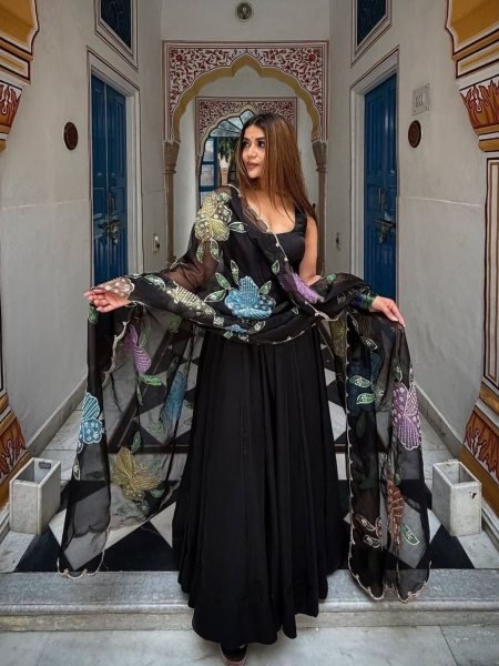 Authentic Black Designer Natural Crepe Farshi Salwar Suit with Moti Work for Party Wear Ready To Wear Suit