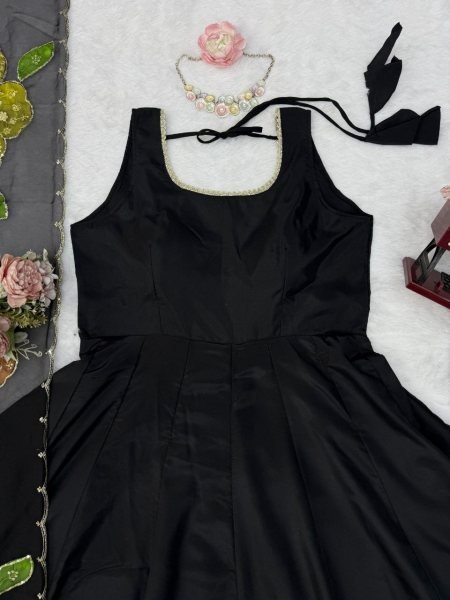 Authentic Black Designer Natural Crepe Farshi Salwar Suit with Moti Work for Party Wear Ready To Wear Collection