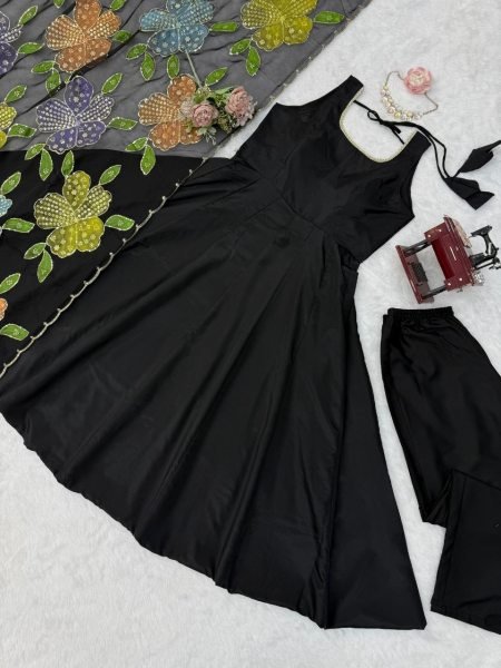 Authentic Black Designer Natural Crepe Farshi Salwar Suit with Moti Work for Party Wear Ready To Wear Collection
