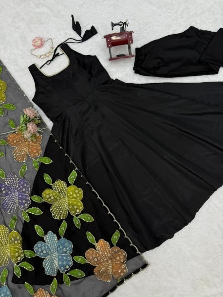 Authentic Black Designer Natural Crepe Farshi Salwar Suit with Moti Work for Party Wear Ready To Wear Collection