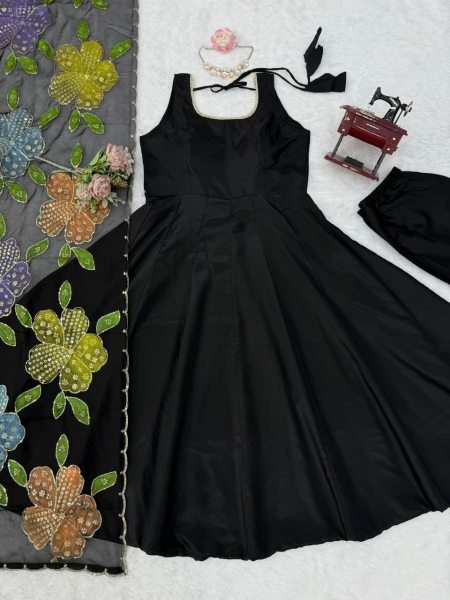 Authentic Black Designer Natural Crepe Farshi Salwar Suit with Moti Work for Party Wear Ready To Wear Collection