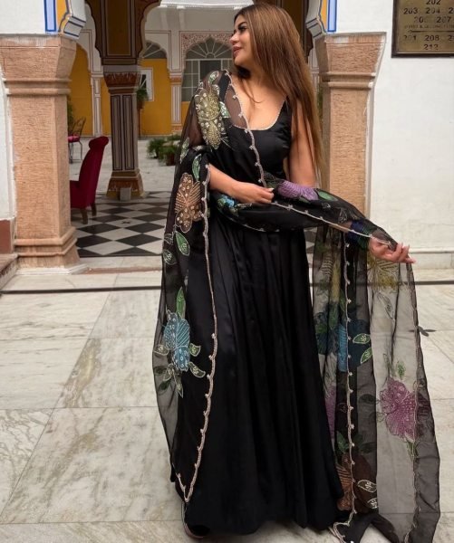 Authentic Black Designer Natural Crepe Farshi Salwar Suit with Moti Work for Party Wear Ready To Wear Collection