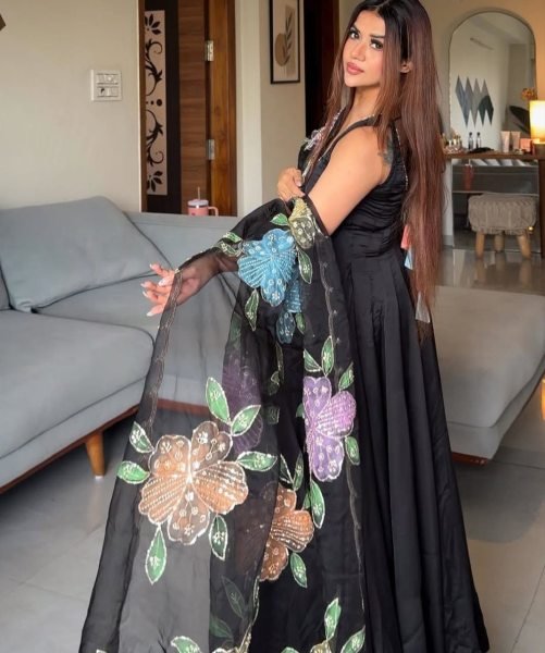 Authentic Black Designer Natural Crepe Farshi Salwar Suit with Moti Work for Party Wear Ready To Wear Collection