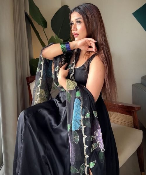 Authentic Black Designer Natural Crepe Farshi Salwar Suit with Moti Work for Party Wear Ready To Wear Collection