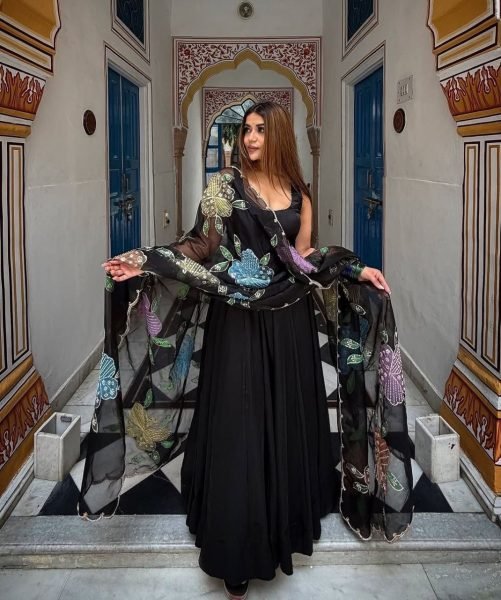 Authentic Black Designer Natural Crepe Farshi Salwar Suit with Moti Work for Party Wear Ready To Wear Collection
