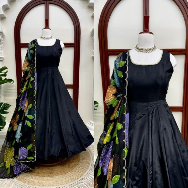 Authentic Black Designer Natural Crepe Farshi Salwar Suit with Moti Work for Party Wear Ready To Wear Collection