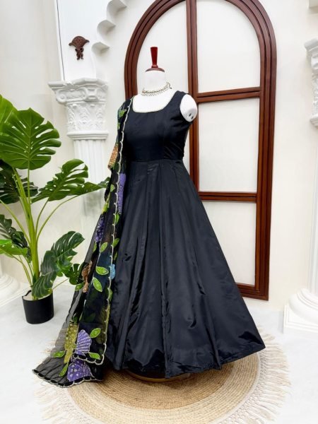 Authentic Black Designer Natural Crepe Farshi Salwar Suit with Moti Work for Party Wear Ready To Wear Collection