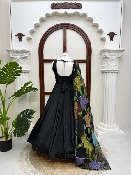 Authentic Black Designer Natural Crepe Farshi Salwar Suit with Moti Work for Party Wear Ready To Wear Collection