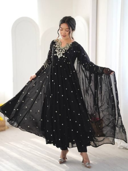 Authentic Black Faux Georgette Embroidered Gown with Dupatta and 7 Meter Flair Ready To Wear Suit