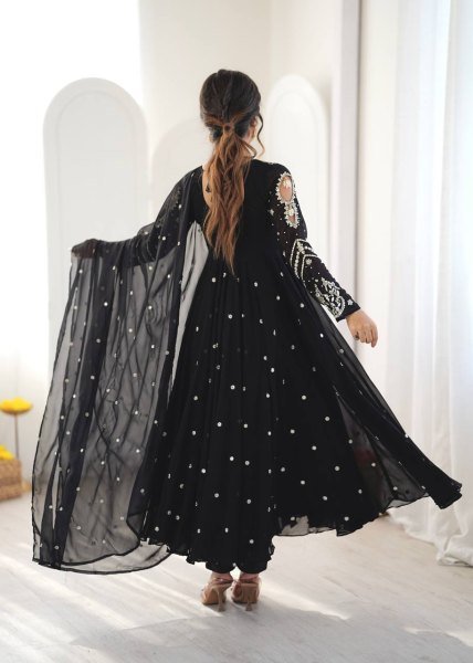 Authentic Black Faux Georgette Embroidered Gown with Dupatta and 7 Meter Flair Ready To Wear Collection