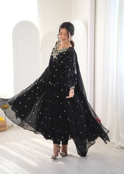 Authentic Black Faux Georgette Embroidered Gown with Dupatta and 7 Meter Flair Ready To Wear Collection