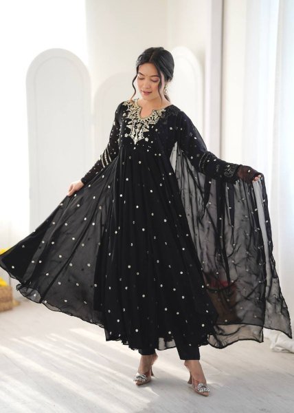 Authentic Black Faux Georgette Embroidered Gown with Dupatta and 7 Meter Flair Ready To Wear Collection