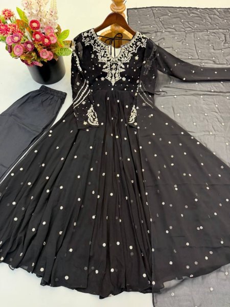 Authentic Black Faux Georgette Embroidered Gown with Dupatta and 7 Meter Flair Ready To Wear Collection