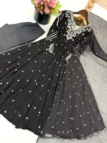 Authentic Black Faux Georgette Embroidered Gown with Dupatta and 7 Meter Flair Ready To Wear Collection