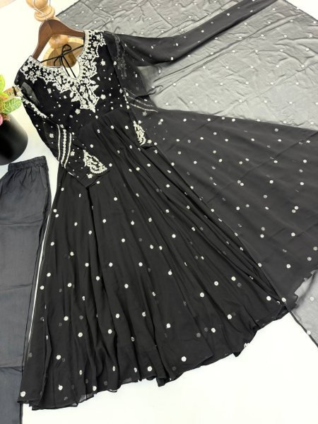 Authentic Black Faux Georgette Embroidered Gown with Dupatta and 7 Meter Flair Ready To Wear Collection
