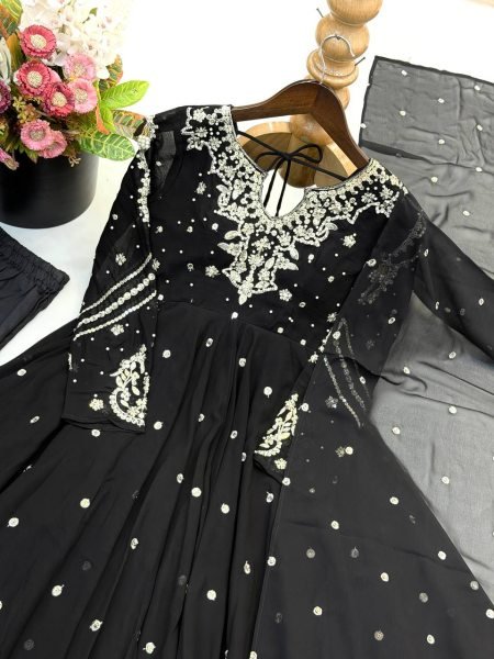 Authentic Black Faux Georgette Embroidered Gown with Dupatta and 7 Meter Flair Ready To Wear Collection