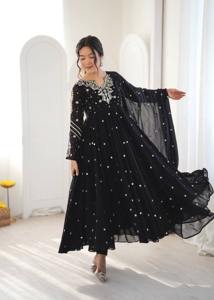 Authentic Black Faux Georgette Embroidered Gown with Dupatta and 7 Meter Flair Ready To Wear Collection