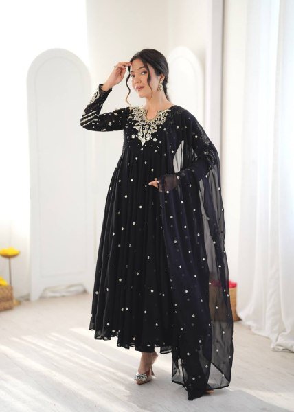 Authentic Black Faux Georgette Embroidered Gown with Dupatta and 7 Meter Flair Ready To Wear Collection