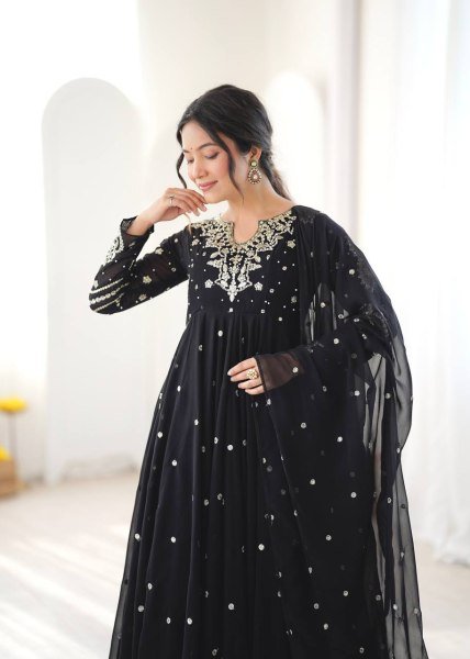 Authentic Black Faux Georgette Embroidered Gown with Dupatta and 7 Meter Flair Ready To Wear Collection