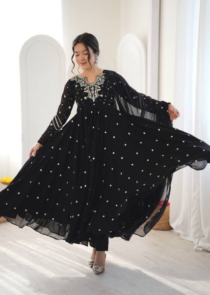 Authentic Black Faux Georgette Embroidered Gown with Dupatta and 7 Meter Flair Ready To Wear Collection