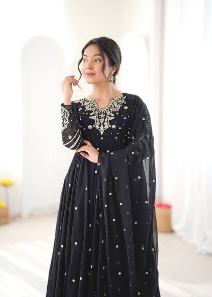 Authentic Black Faux Georgette Embroidered Gown with Dupatta and 7 Meter Flair Ready To Wear Collection
