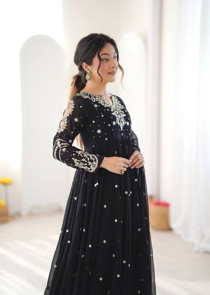Authentic Black Faux Georgette Embroidered Gown with Dupatta and 7 Meter Flair Ready To Wear Collection