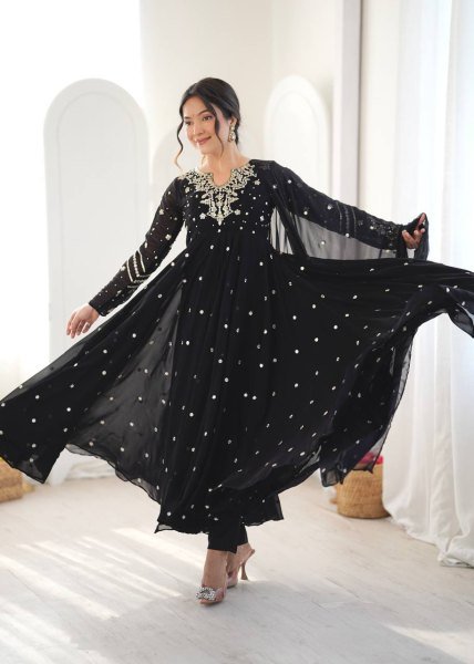 Authentic Black Faux Georgette Embroidered Gown with Dupatta and 7 Meter Flair Ready To Wear Collection