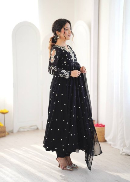 Authentic Black Faux Georgette Embroidered Gown with Dupatta and 7 Meter Flair Ready To Wear Collection
