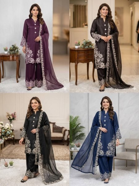 Authentic Black Pakistani Suit Set with Plazzo and Dupatta for Women Ready To Wear Collection