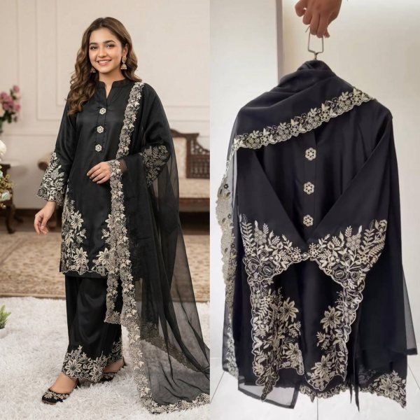 Authentic Black Pakistani Suit Set with Plazzo and Dupatta for Women Ready To Wear Collection