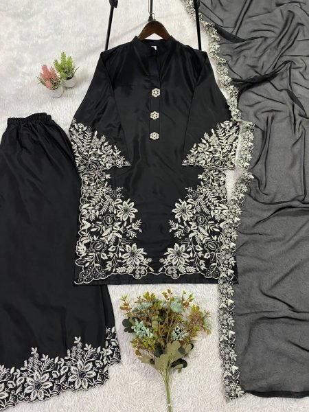 Authentic Black Pakistani Suit Set with Plazzo and Dupatta for Women Ready To Wear Collection