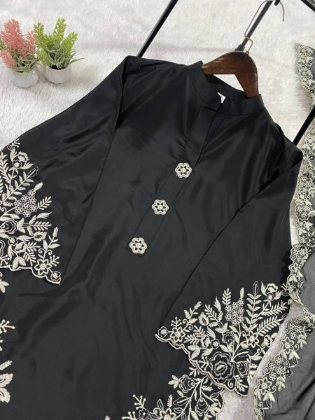 Authentic Black Pakistani Suit Set with Plazzo and Dupatta for Women Ready To Wear Collection