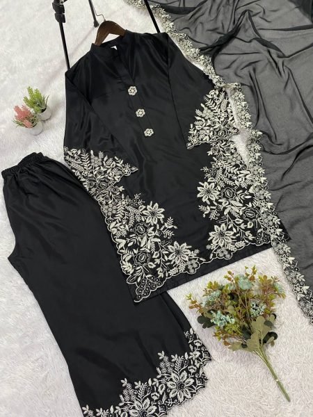Authentic Black Pakistani Suit Set with Plazzo and Dupatta for Women Ready To Wear Collection