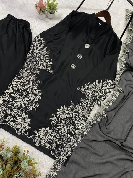 Authentic Black Pakistani Suit Set with Plazzo and Dupatta for Women Ready To Wear Collection