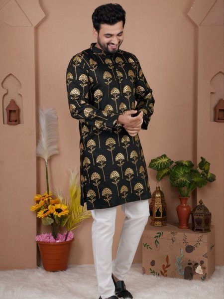 Authentic Black Premium Silk Kurta Pajama for Wedding and Festive Wear 
