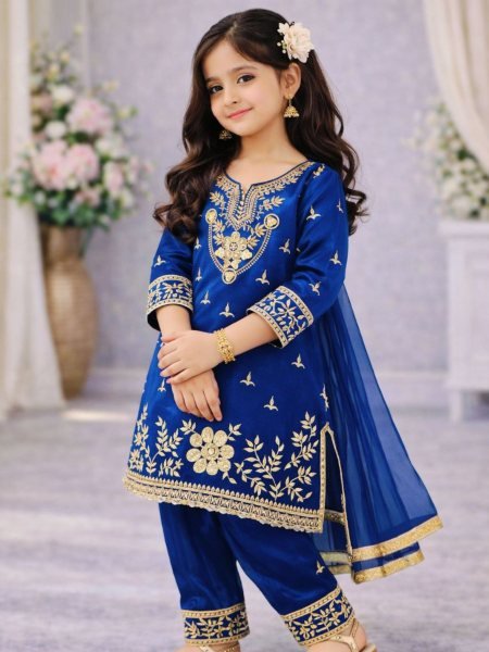 Authentic Blue Kids GMY Silk Palazzo Set with Embroidery for Eid and Festive Wear Kurtis