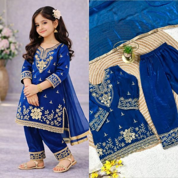 Authentic Blue Kids GMY Silk Palazzo Set with Embroidery for Eid and Festive Wear Girls Wear