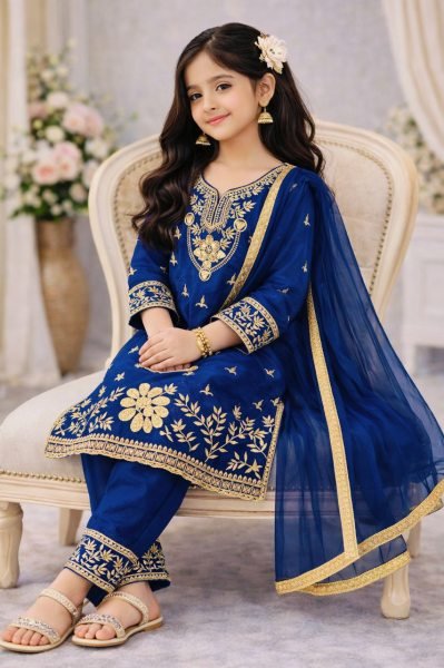 Authentic Blue Kids GMY Silk Palazzo Set with Embroidery for Eid and Festive Wear Girls Wear