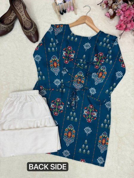 Authentic Blue Muslin Cotton Kurti with White Farshi Palazzo and Embroidery Work Printed Kurtis