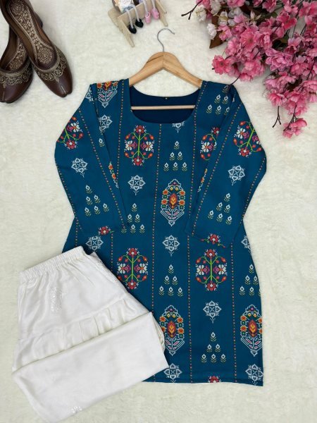 Authentic Blue Muslin Cotton Kurti with White Farshi Palazzo and Embroidery Work Printed Kurtis