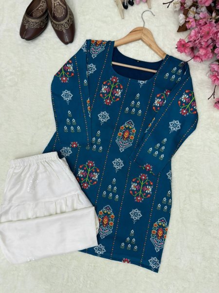 Authentic Blue Muslin Cotton Kurti with White Farshi Palazzo and Embroidery Work Printed Kurtis