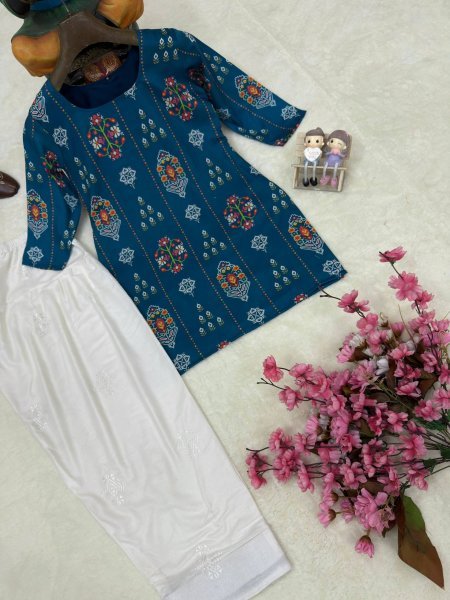 Authentic Blue Muslin Cotton Kurti with White Farshi Palazzo and Embroidery Work Printed Kurtis
