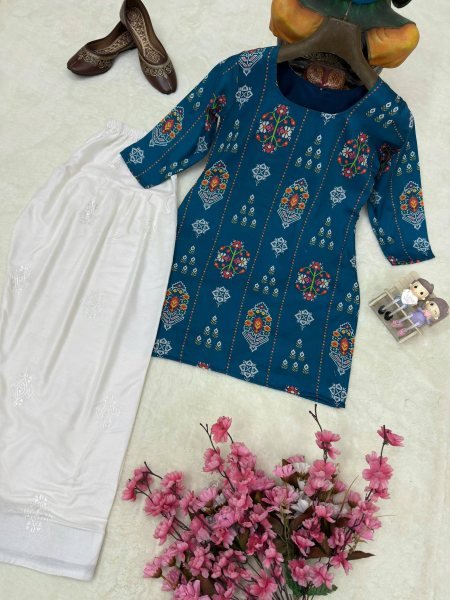 Authentic Blue Muslin Cotton Kurti with White Farshi Palazzo and Embroidery Work Printed Kurtis