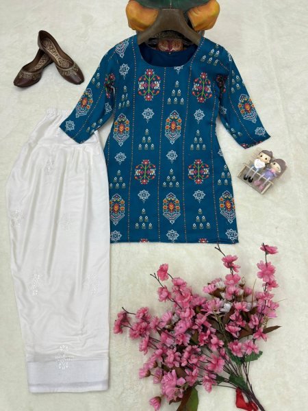 Authentic Blue Muslin Cotton Kurti with White Farshi Palazzo and Embroidery Work Printed Kurtis