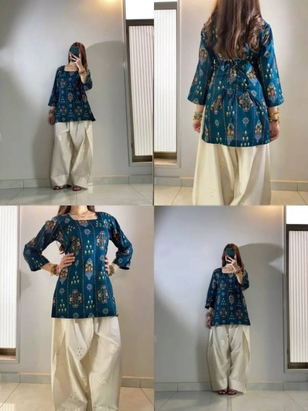 Authentic Blue Muslin Cotton Kurti with White Farshi Palazzo and Embroidery Work Printed Kurtis
